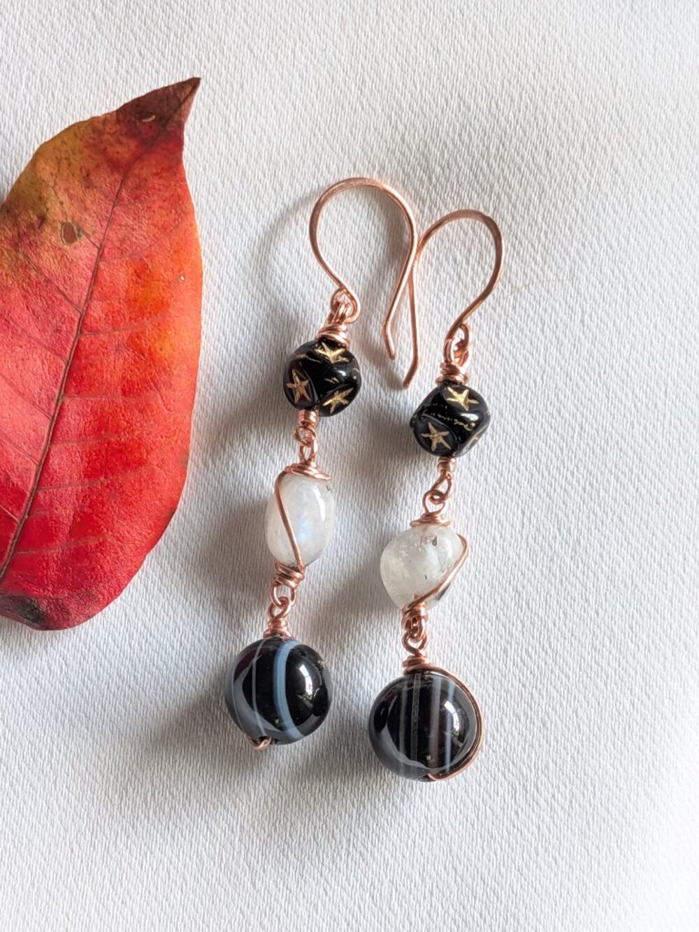 Copper Earrings with Banded Agates, Czech Glass Star Cubes and Moonstones - Picture 4 of 10